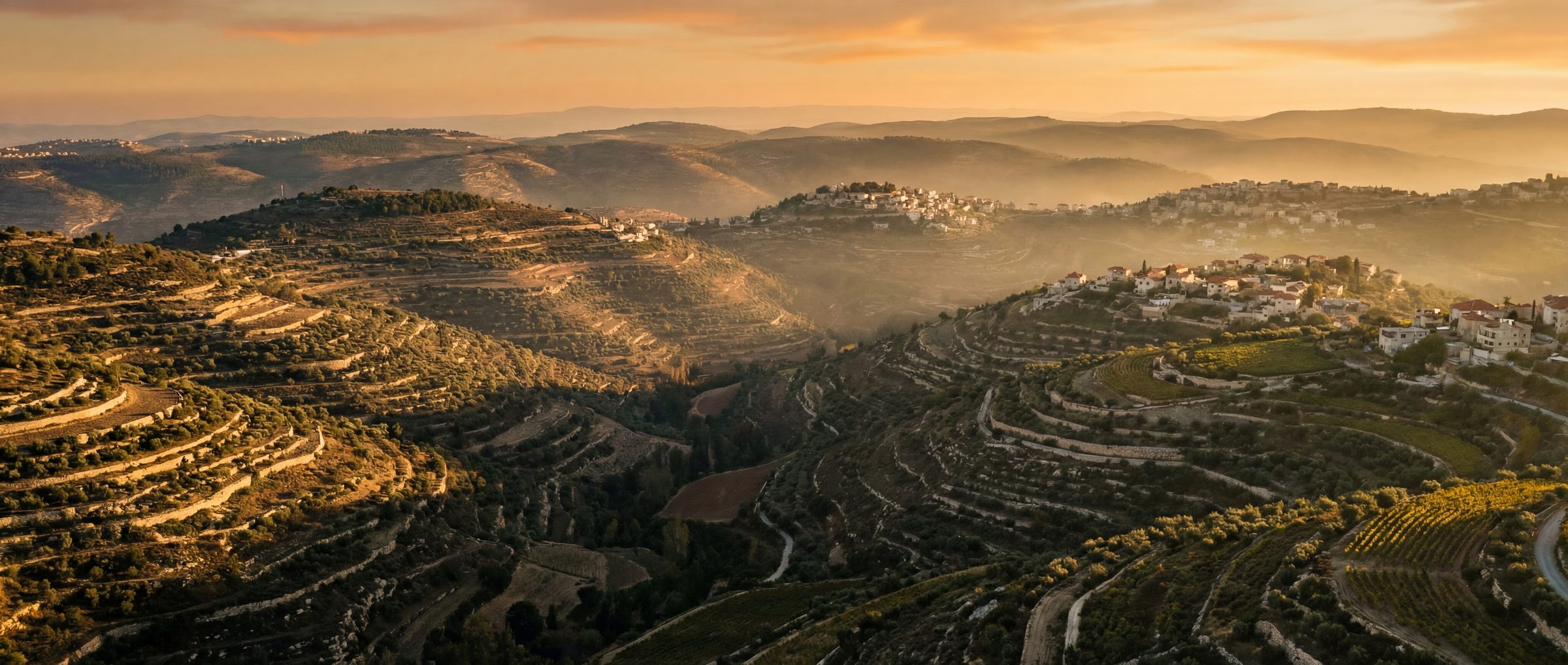 Panoramic view of terraced Judean hills at golden hour — limestone communities nestled on hilltops
